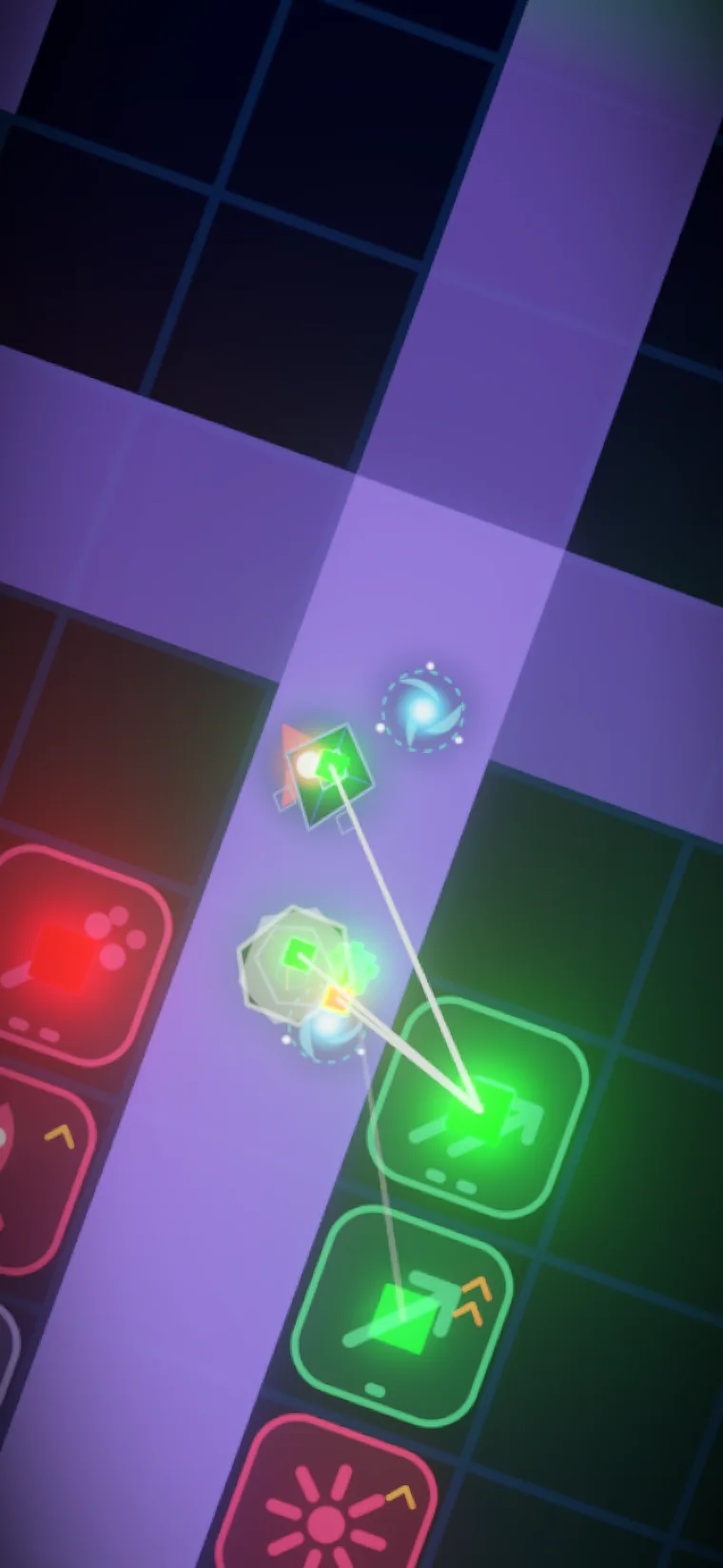 Synapse gameplay: glowing towers firing along a signal path inside a neural grid.